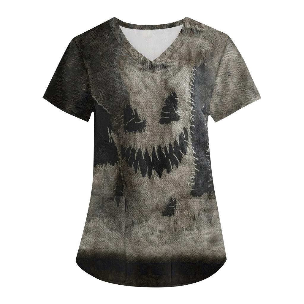 Women's Printing Uniform Work Uniform V-neck Pockets Basic Short Sleeve Pullover Top