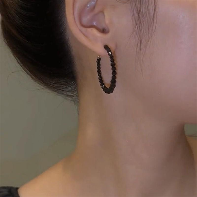 Light luxury C-shape Black Crystal Hoop Earrings Large Circle Geometric Earrings Women Elegant Jewelry Gifts