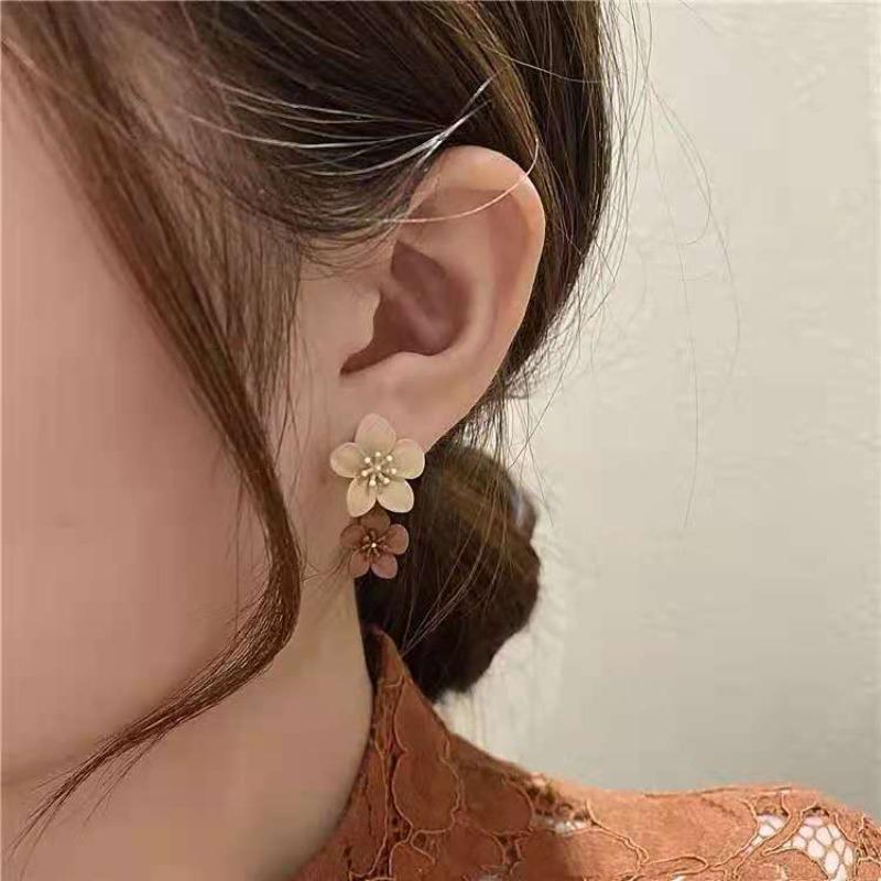 Brown Two Color Flower Drop Dangle Earrings for Women Korean Fashion Jewelry Wedding Party Girl Elegant Ear Decoration