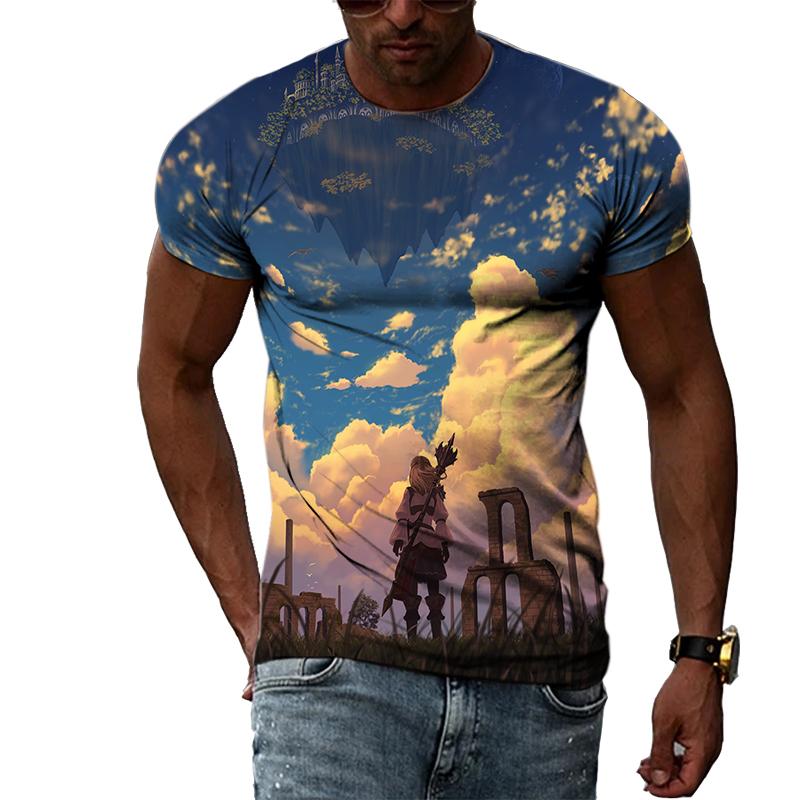 Summer Boys Cartoon Landscape Hand Painted Graphic T Shirts Men Casual 3D Taste Kawaii Printed Round Neck Short Sleeve Tees Tops