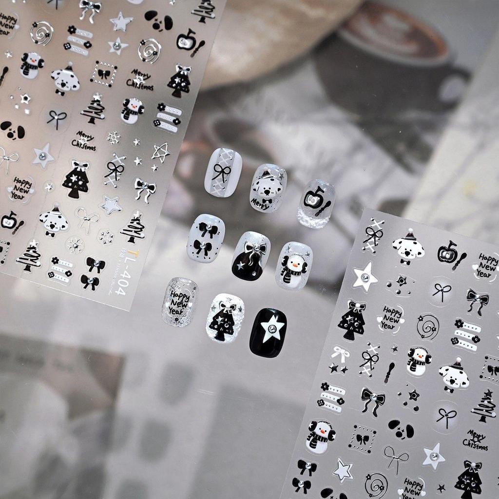 Christmas Puppy & Snowman Nail Art Stickers - Waterproof, Cute Style with Silver Pearl, Ideal for DIY Manicures