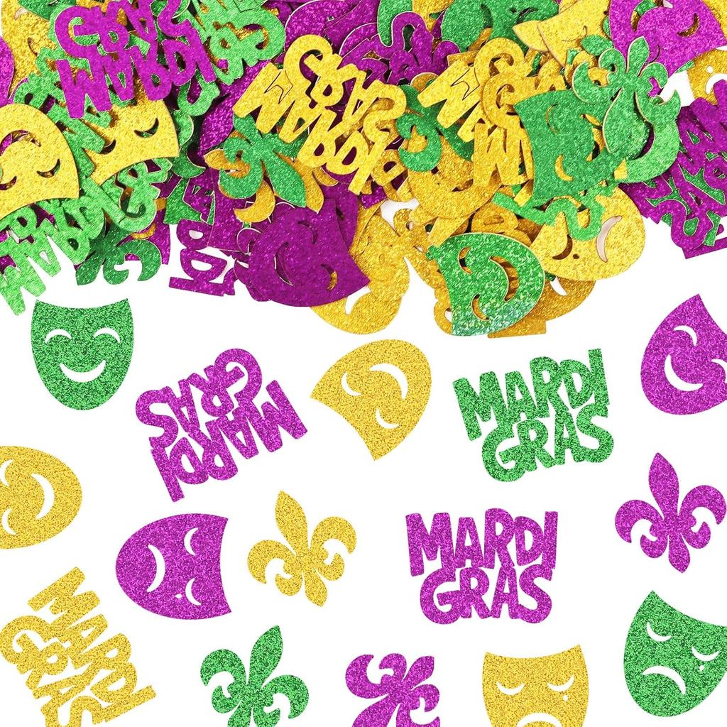 200 Pieces Mardi Gras Confetti for Table Decorations, Fat Tuesday Confetti Decorations Glitter Green Purple Paper Confetti Eyeglass Crown Table
