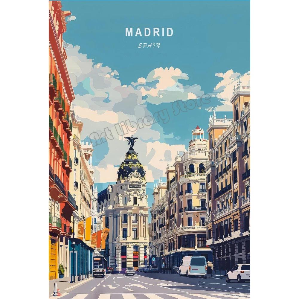 Retro Spain Cityscape Poster Nordic Style Canvas Print Coastal Architecture Art for Wall Decor