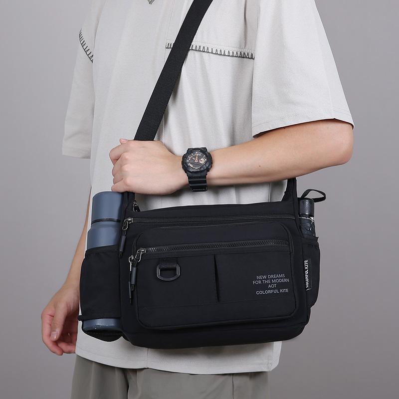 Multi-Zipper Pocket Men Shoulder Crossbody Bag with Bottler Holder Large Space Casual Messenger Bag for Outdoor Daily Use