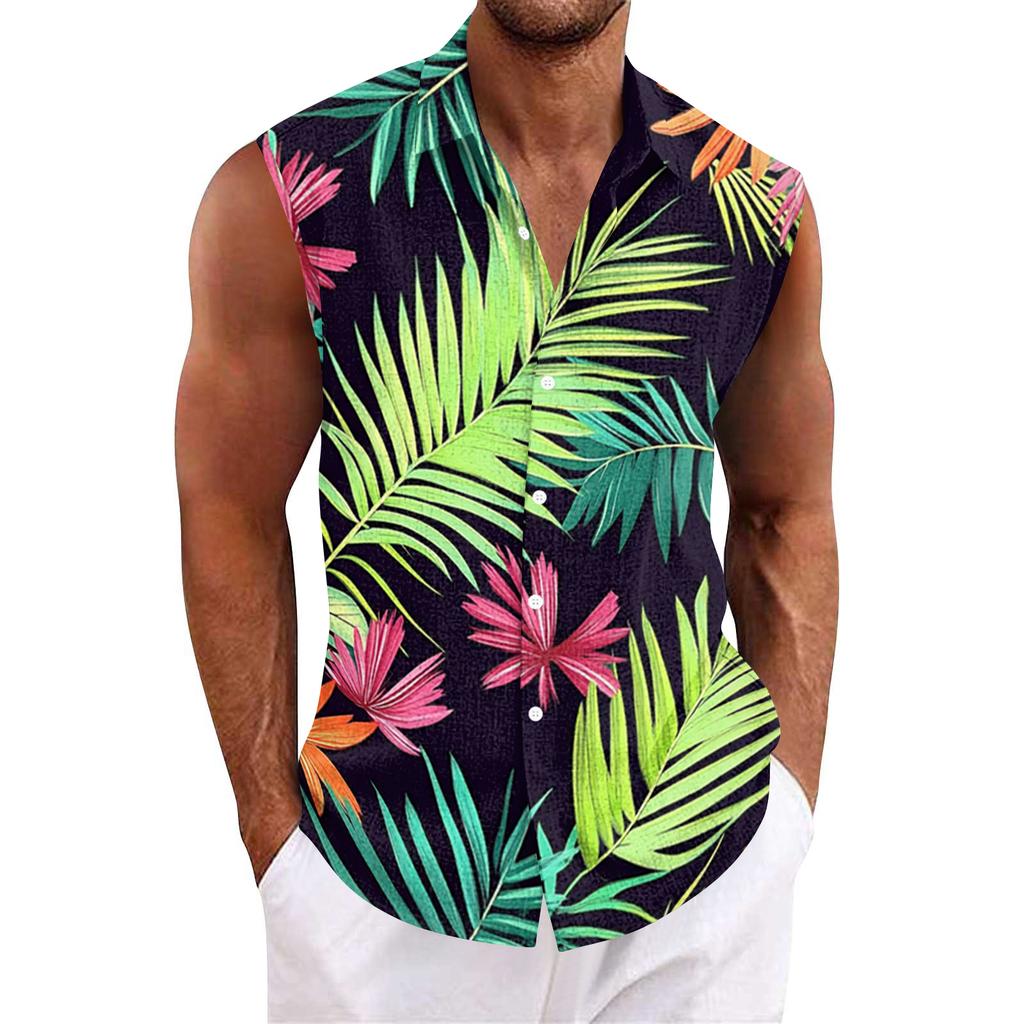 Men Tank Tops Sleeveless Shirts for Men with Button Down Collar and Tropical Print Men’s Tank Tops Men’s Tank Shirts