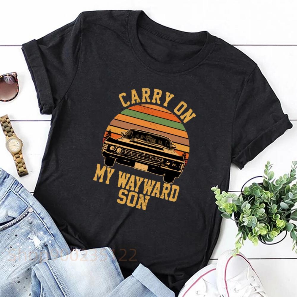 Carry on My Wayward Son Vintage Topper Supernatural T-skjorte Trykk Svart T-skjorte Estetisk Dame T-skjorte Retro Grafiske T-skjorter
