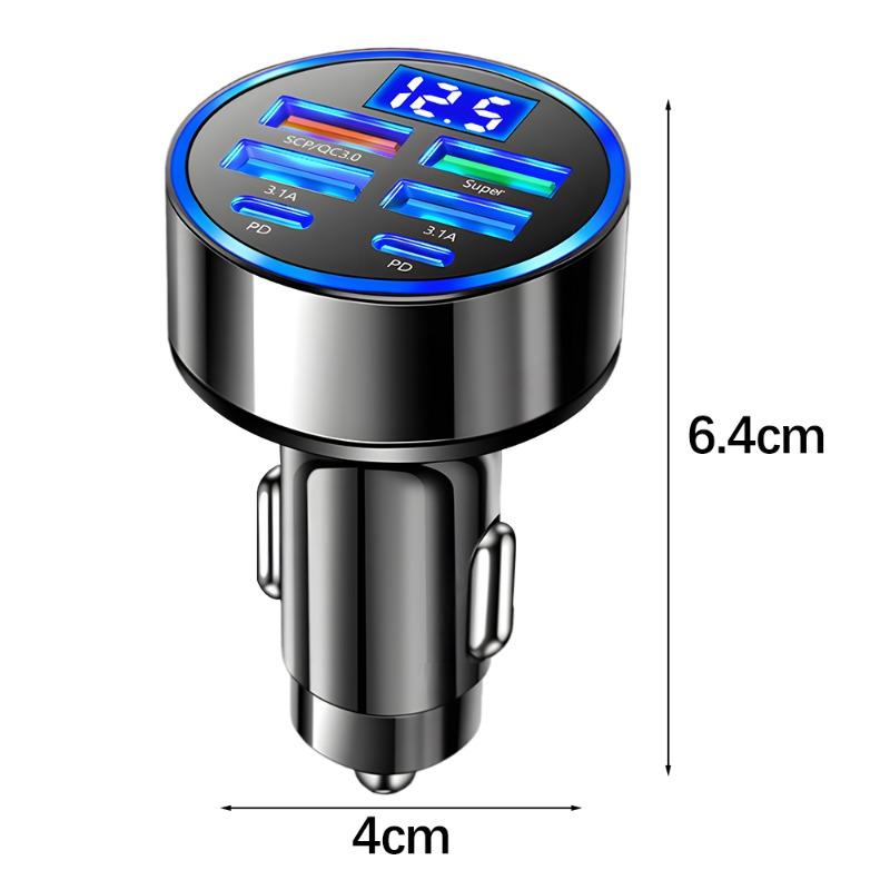 Car USB Charger 6 In 1 Digital Display Charger 4USB+2PD Multi-Port Fast Charging Cars Charger for DC12-24V Car Power Socket