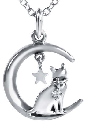 Libelux Cat Sitting On a Crescent Moon In a Starry Sky Sterling Silver 925 Diamond Necklace - Luxury Gift Set