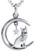 Libelux Cat Sitting On a Crescent Moon In a Starry Sky Sterling Silver 925 Diamond Necklace - Luxury Gift Set