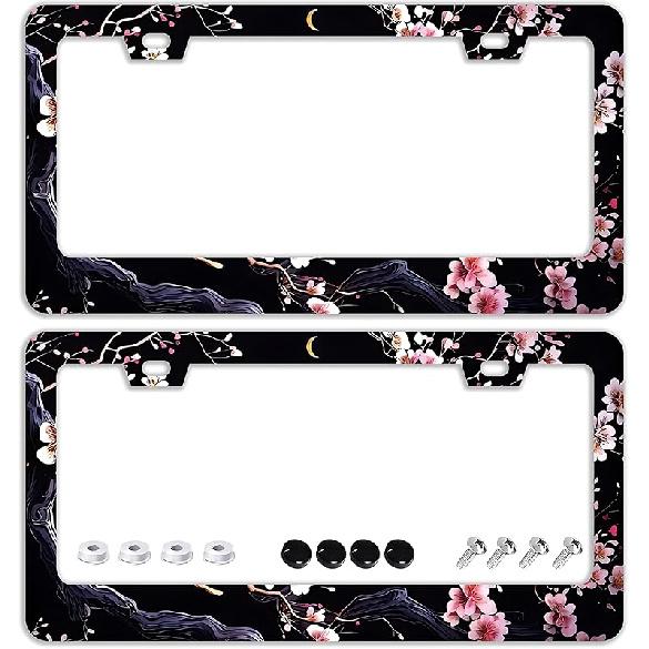 Mounta Cherry Blossom License Plate Frames - 2 Pcs Set 2 Holes Stainless Steel Metal Auto Car Accessories Decoration License Plate Frame Cover Size