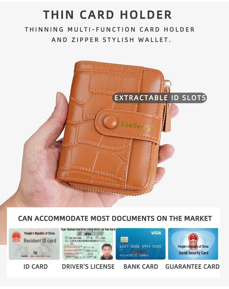 Elegancki damski portfel o fakturze kamienia z wieloma przegródkami na karty i kieszenią na monety zapinaną na zamek.