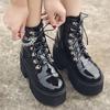 Patent Leather Gothic Black Boots Women Heel Sexy Chain Chunky Heel Platform Ankle Boots Zipper Shoe