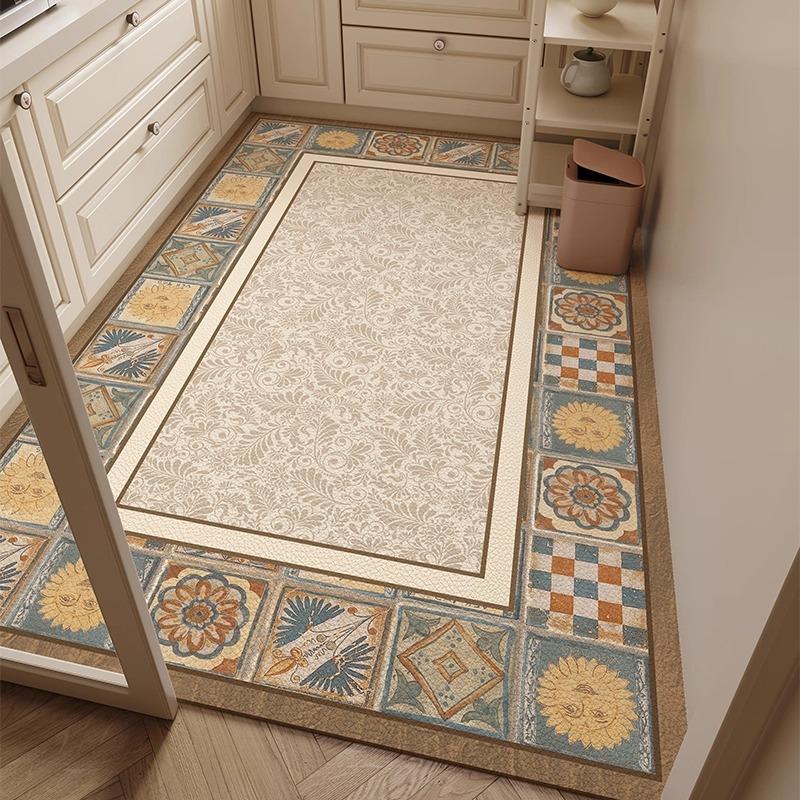 Retro Plaid Kitchen Floor Mat Oil-proof Waterproof PVC Leather Carpet Fashionable Home Decoration Free-cut Balcony Rugs Alfombra