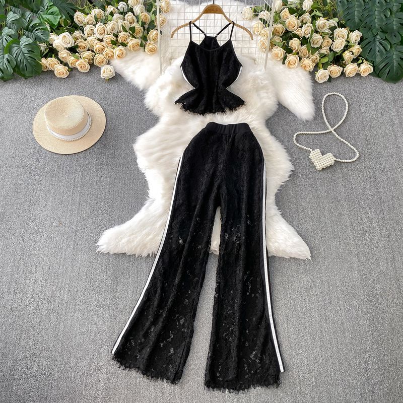 

Стиль Pure Desire Сексуальное кружевное короткое боди на бретелях с завязкой на шее + Контрастные полосатые брюки гару с высокой талией, широкими штанинами, стройнящие, комплект из двух предметов Black Two-piece set L