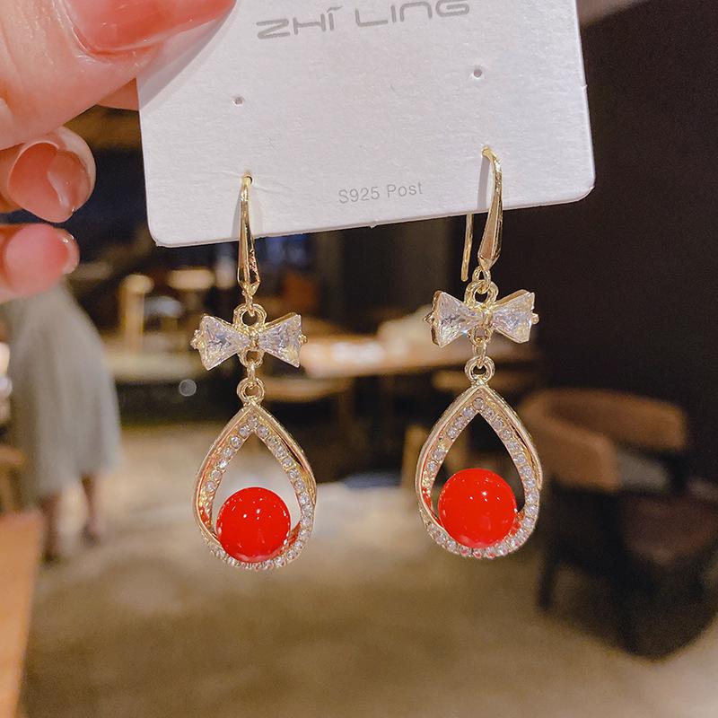 2024 Trendy Water Drop Diamond & Red Bead Pearl Earrings for Women