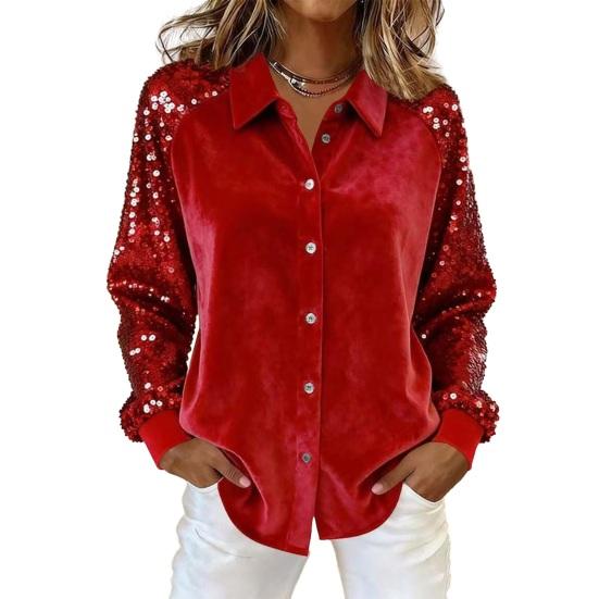 Damen Pailletten Samt Hemd Langarm Revers Bluse Lässig Glitzernd Knopfleiste Hemd für Party Date Bar Nachtclub
