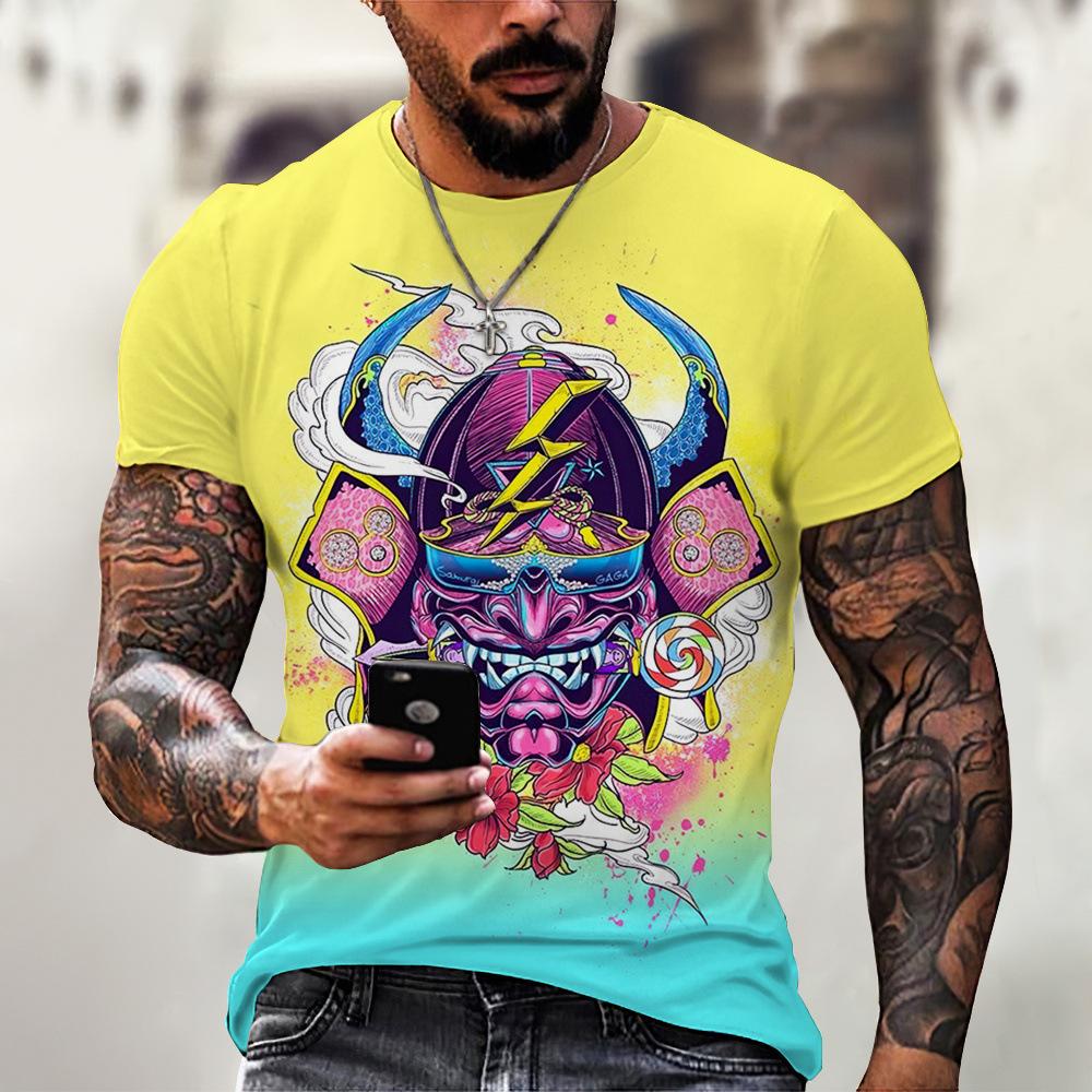 Harajuku Samurai Tattoo Men's T-shirt Fashion Art Mask Round Neck Short Sleeve Punk Clothing Shirt