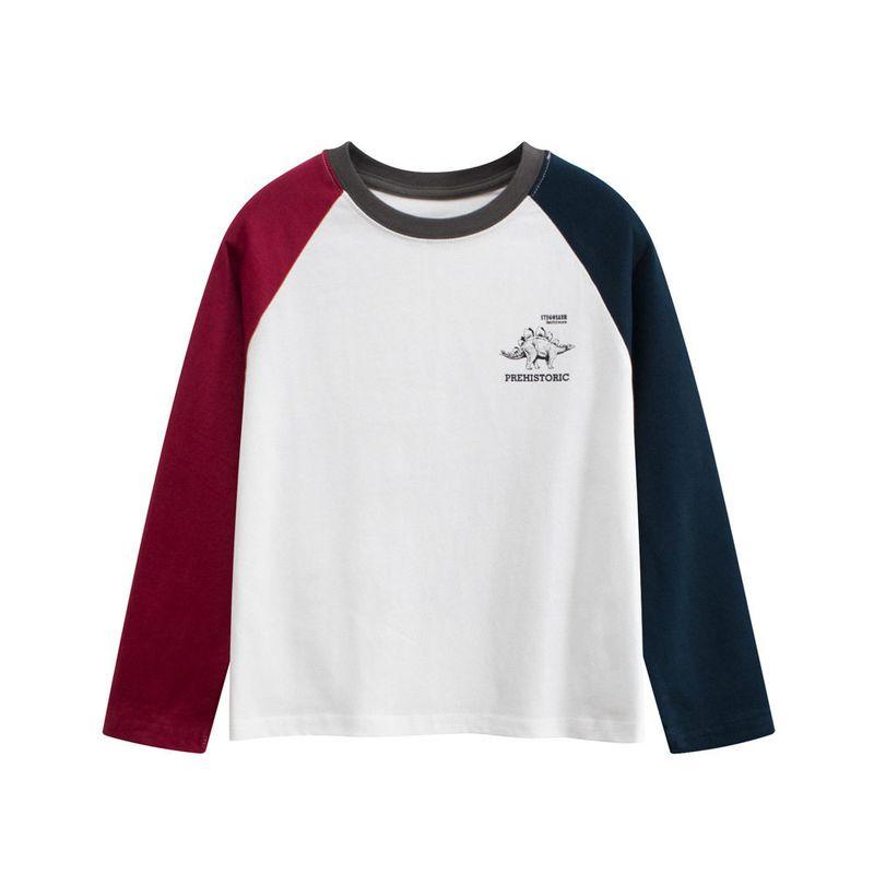 Clothing Children's Spring and Autumn Contrast Color round Neck Long Sleeves T-Shirt Boys and Girls Pure Cotton Dinosaur Children's Bottoming Shirt