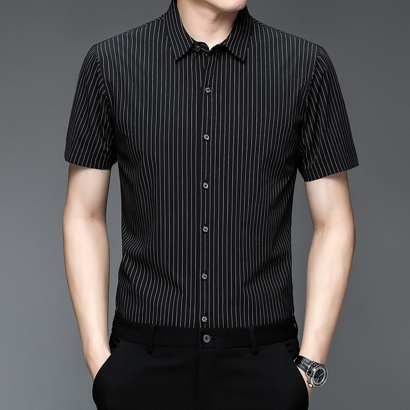Summer Bamboo Fiber Short-sleeved Shirt Men's Business Casual Vertical Striped Ice Silk Half-sleeved Shirt Men's Clothing