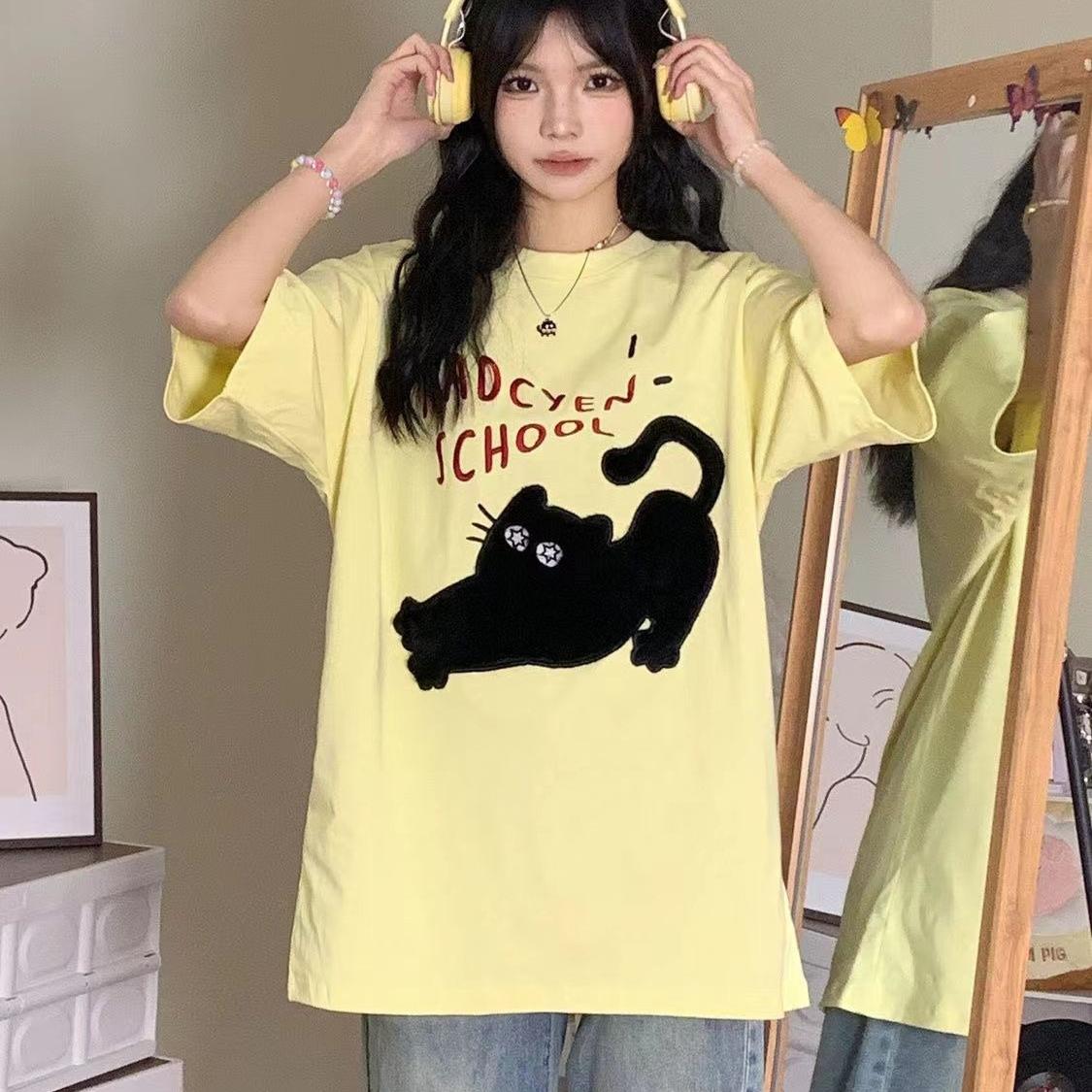 

лето чистый хлопок Женская забавная футболка с мультяшным принтом харадзюку круглый вырез оверсайз повседневные Y2K топы футболки для молодой девушки уличная одежда M