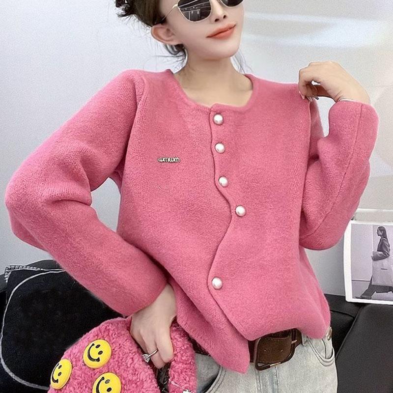 Korean Gentle Irregular Knitted Cardigan Women Spring Autumn Winter Soft Glutinous Long Sleeved Jacket Round Neck Top Commuting