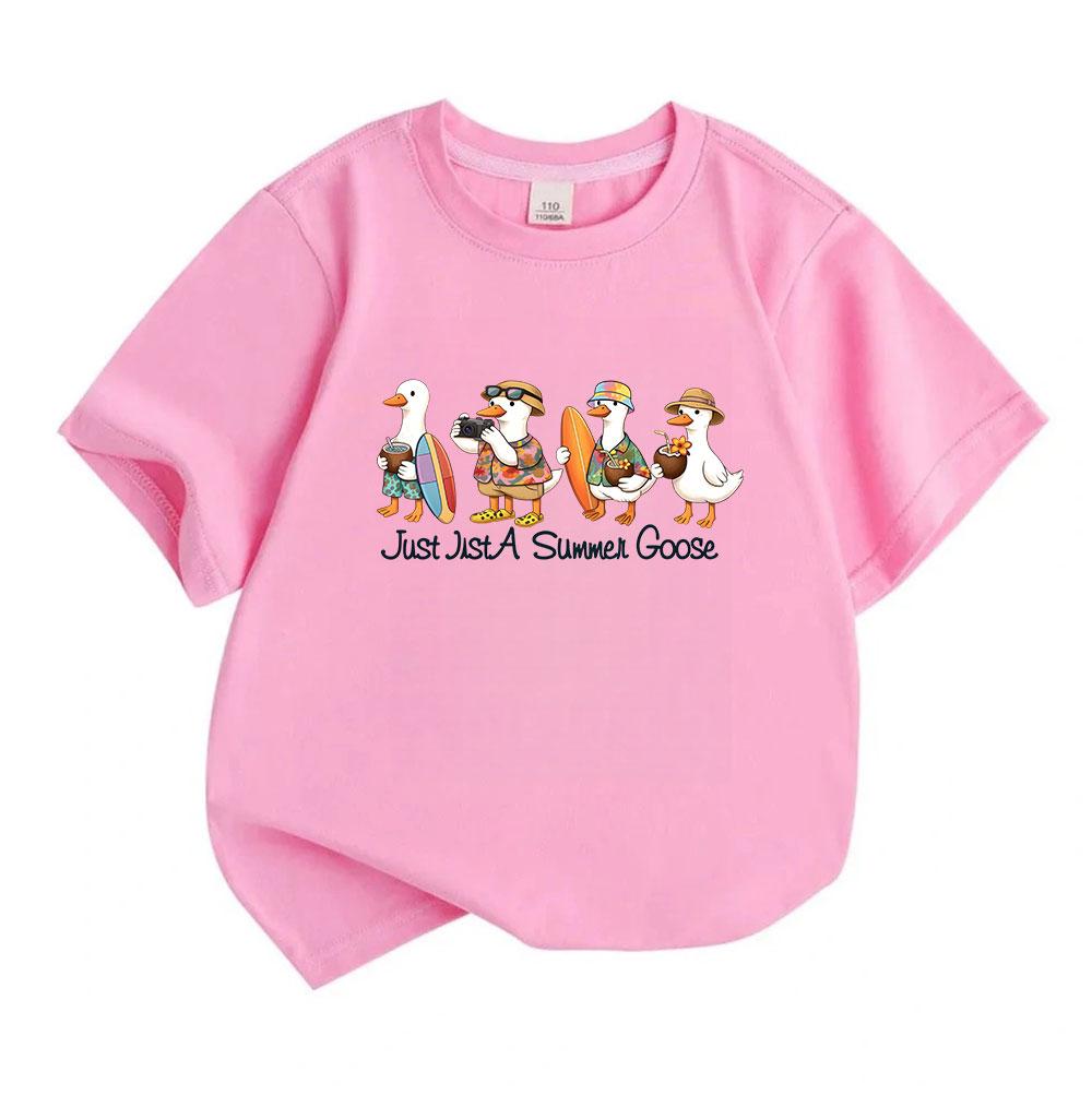Kids Boys Girls 100% Cotton Crew Neck Short Sleeve T-Shirt, Cute Summer Travel Goose Graphic Tee, Casual Breathable Tops for Holiday Beach Daily Wear
