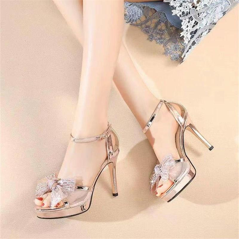 Fashion Sexy High-Heeled Sandals Women Summer Fashion Catwalk Bow High-Heeled Sandals Women Open-Toed With Waterproof Table High Heels