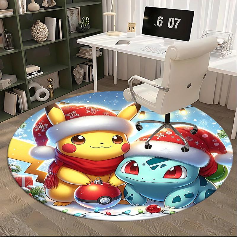1pc Christmas Pikachu & Squirtle Anime Design Round Carpet - Office Chair Mat, Non-Slip Rug for Home Decor, Living Room, Bedroom