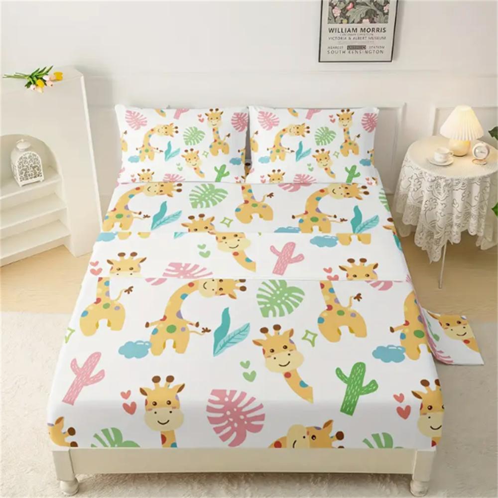 1 Fitted Sheets Set Cartoon Giraffe Silky Soft Microfiber Bed Sheets Cute Animal Super Soft Breathable Room Decoration Foliage
