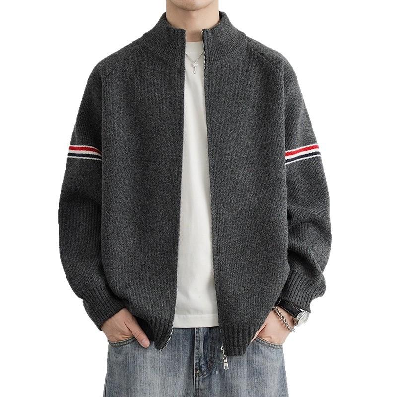 Unisex American Retro Color Block Cardigan Sweater with Stand Collar and Double Zipper for Autumn/Winter.