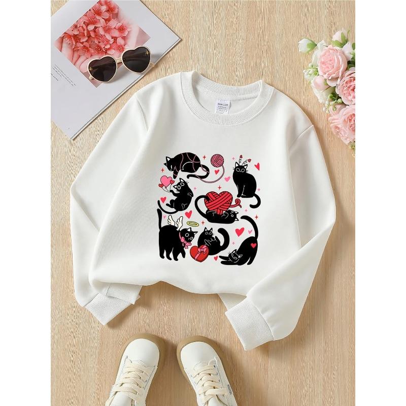 European sizes Kids  Crewneck Sweatshirt-Black Cats Hearts Yarn Love Fun Pattern,Sportswear And Casual Wear, Soft And Comfortable, Children s Clothing 110 белый