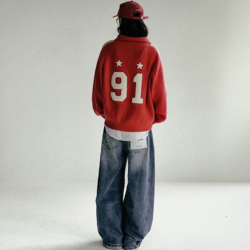 Korean Badblood BCAC Series Women's American Retro Red Knit Cardigan Sweater
