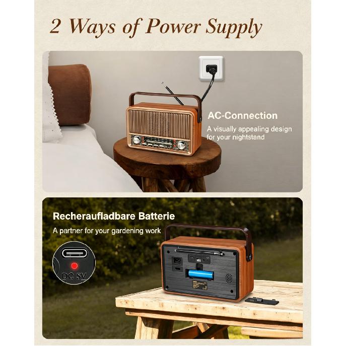 Radio Retro AM/FM/SW Małe, Radio Walizkowe z Baterią 1800 mAh lub Zasilaniem AC, Radio Kuchenne Radio Nostalgiczne z Bluetooth, Obsługuje USB/TF/AUX