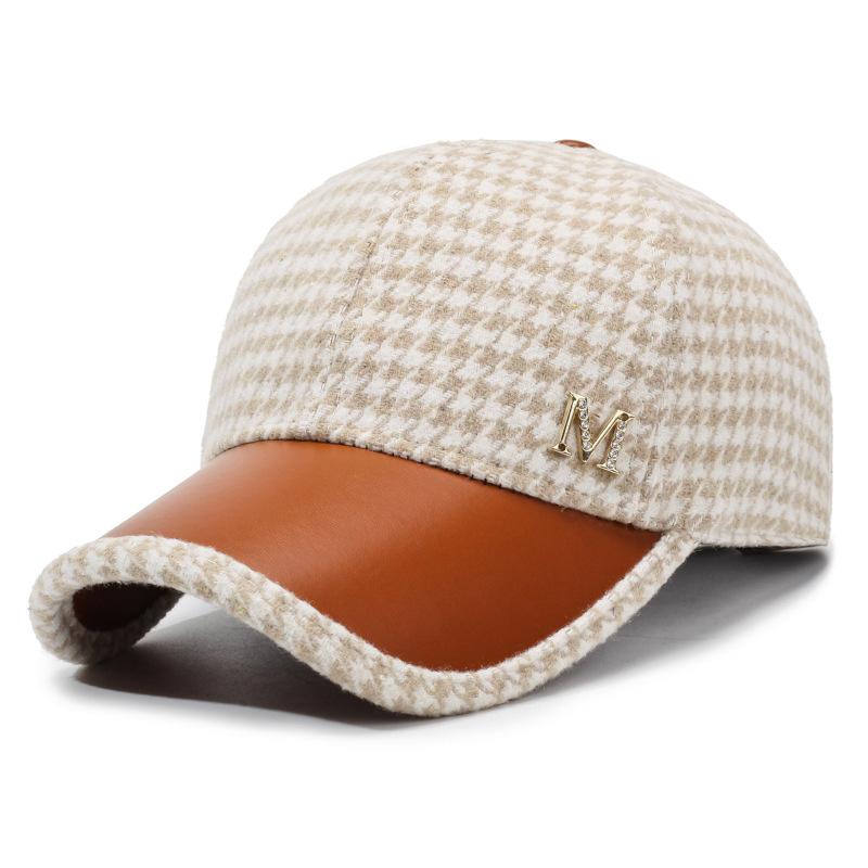 Autumn & Winter New Style Houndstooth Wool Blend Baseball Cap, Women's Versatile Fashion Cotton Hat