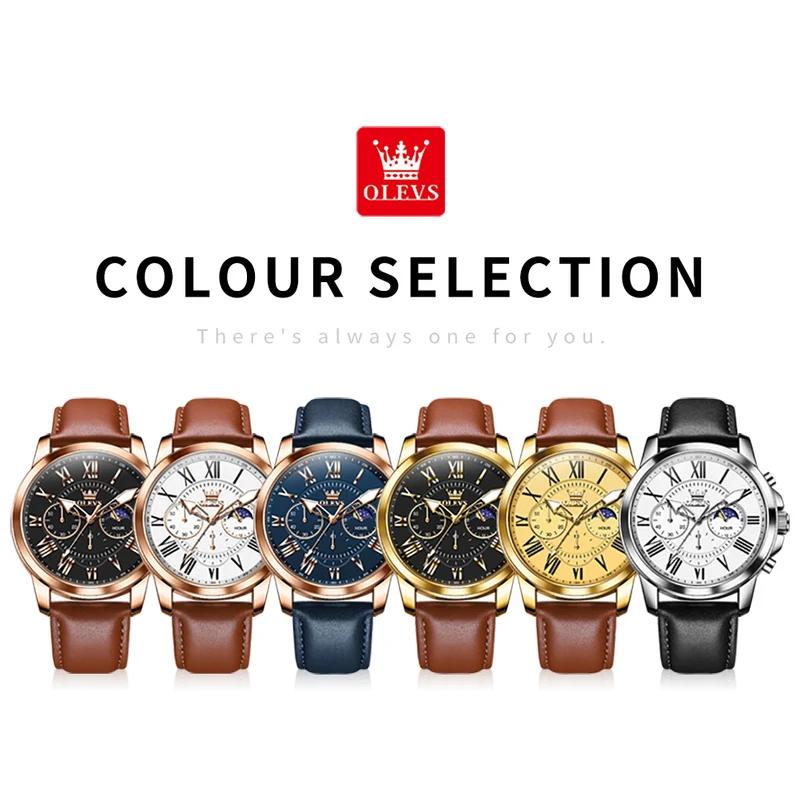 OLEVS Big Dial Roman Scale Quartz Watch For Men Waterproof Luminous Men's Hand Clock Moon Phase Original Fashion Man Watch