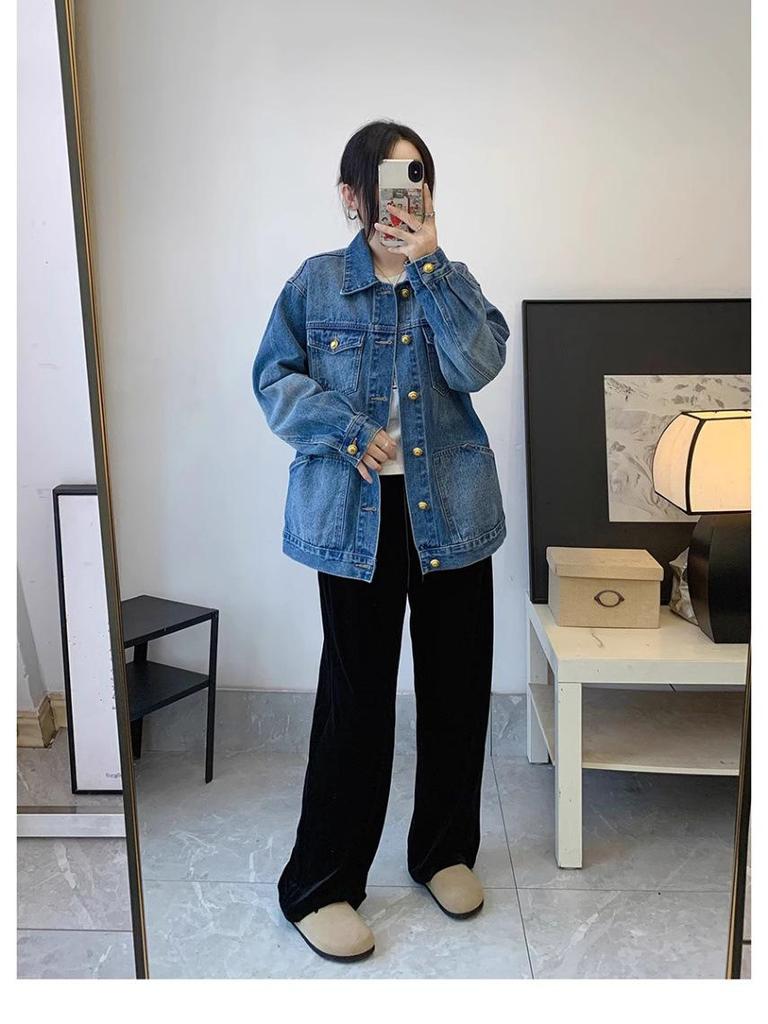 2025 Spring/Autumn Women's Retro Washed Denim Jacket: Hong Kong Style, Loose Fit, Trendy Casual Fashion