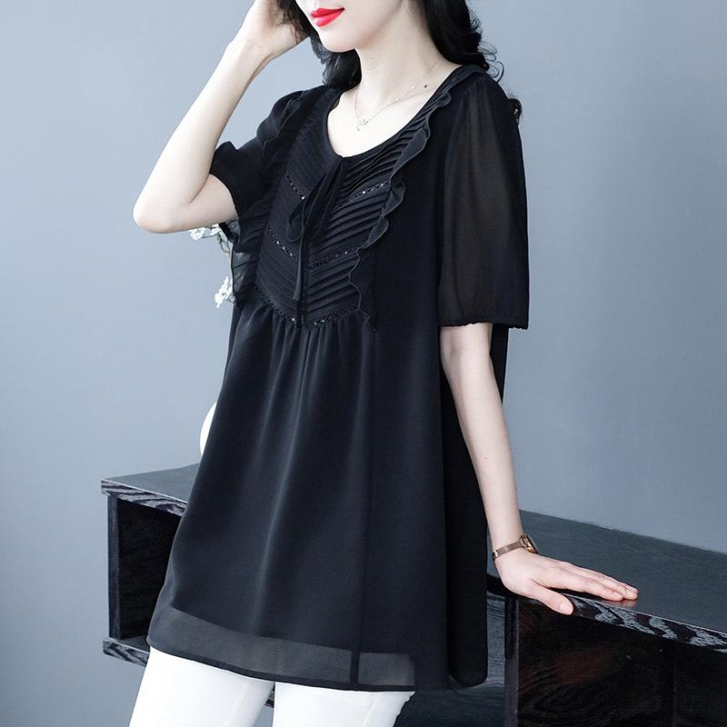 Summer Short Sleeve Pleated Chiffon Shirt - Plus Size, Casual, Loose Fit Women's Apparel