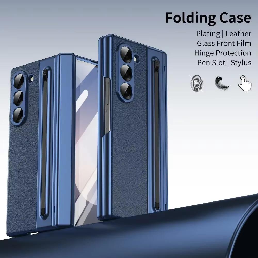 Luxury Plating Matte AG Pen Slot Leather Case For Samsung Galaxy Z Fold 7 6 5 4 3 Screen Film Hinged Shockproof Protector Cover