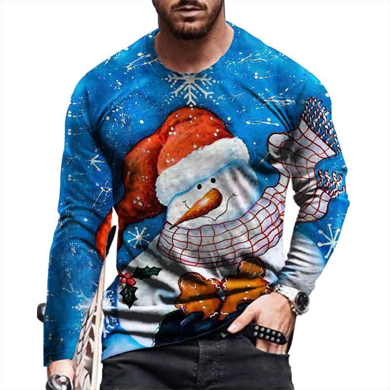 Round Neck 3D Christmas Pattern Top Casual Long Sleeved Men's T-shirts - Soft Medium Stretch Polyester Fabric Spring and Autumn Relaxed Fit Clothing