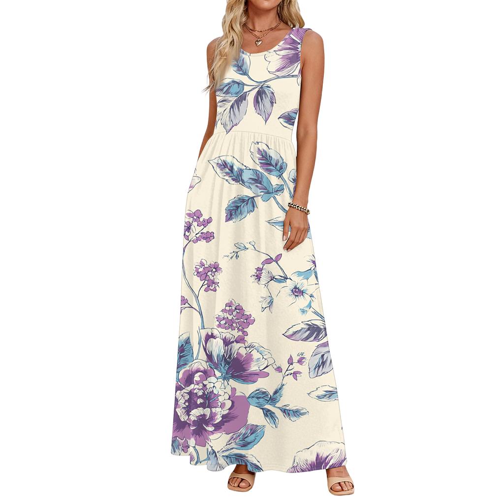 Sleeveless Boho Maxi Dress for Women with Floral Print Long Dress Suitable As Maxi Dress for Older Women and Maxi Dresses for Women Summer