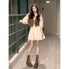 Elegant French-Style Cinched-Waist Dress & Short Vest Set for Female Students