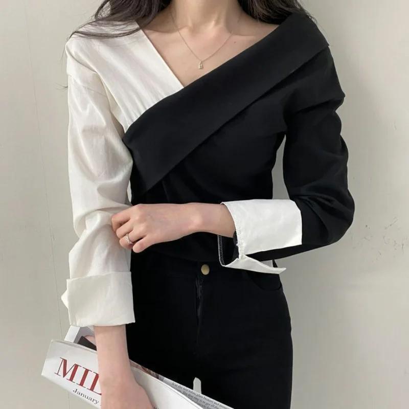 Women's Khaki White Color Block Asymmetric V-Neck Blouse Long Sleeve Cuff Detail Casual Slim Top