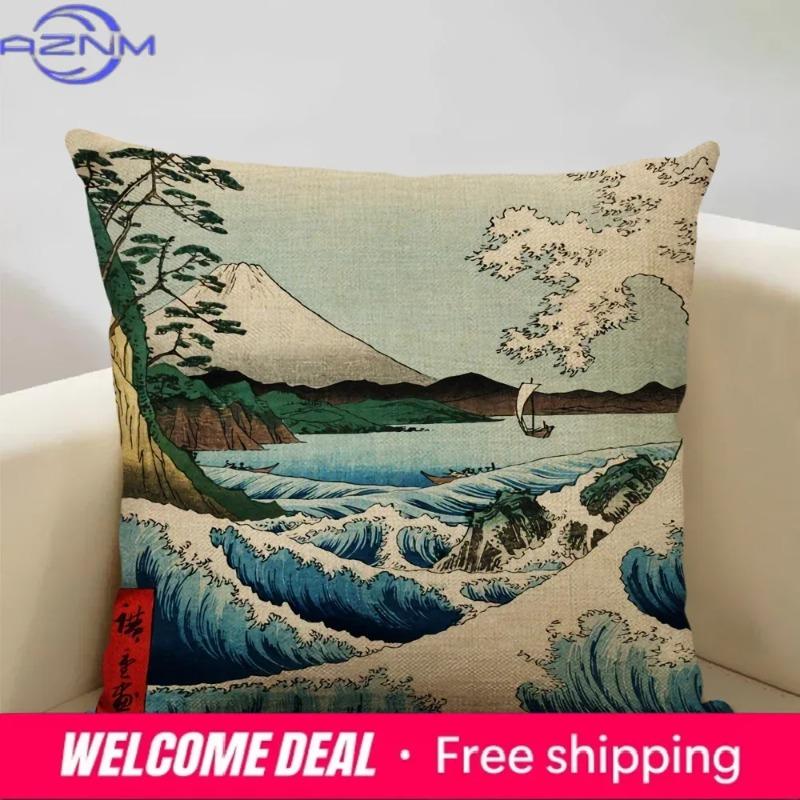 Home Decor Japanese Scenes: Cherry Blossoms & Mt. Fuji Pattern Cushion Cover Suitable For Sofa Bedroom Car Pillow Cover