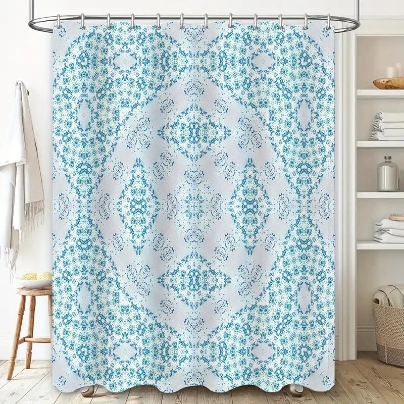 Patterned Shower Curtain Boho Chic Design with Blue, White, Pink Green Floral Print for Bathroom Decor Waterproof Fabric, Room D