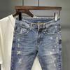 Men's 2024 Trendy American Retro Blue Slim-Fit Washed 9-Point Jeans
