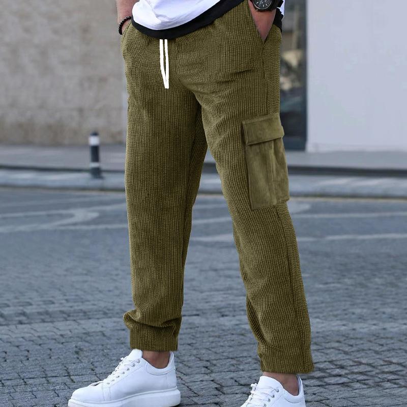 Men's corduroy trousers solid color sweatpants loose straight multi-pocket men's thin casual pants autumn and winter