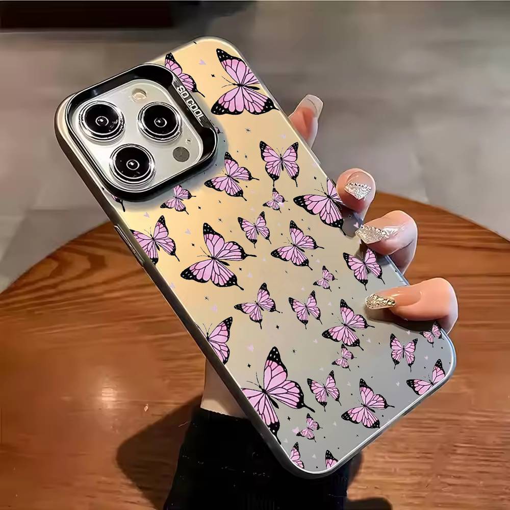 Cartoon Beatiful Butterfly Phone Case For iPhone 17 16 15 14 13 12 11 Pro Max Plus Silver candy Matte Cover