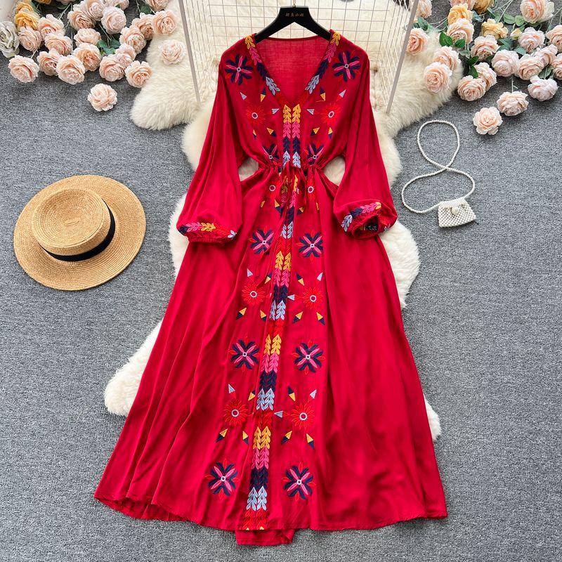 

Drawstring Waist Dress Retro Ethnic Style Embroider Burgundy All yards
