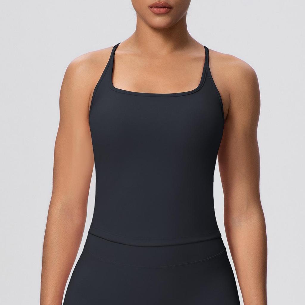 Solid Color Cross-Back Yoga Tank with Chest Pads - Quick-Dry, Fitted Sports Top