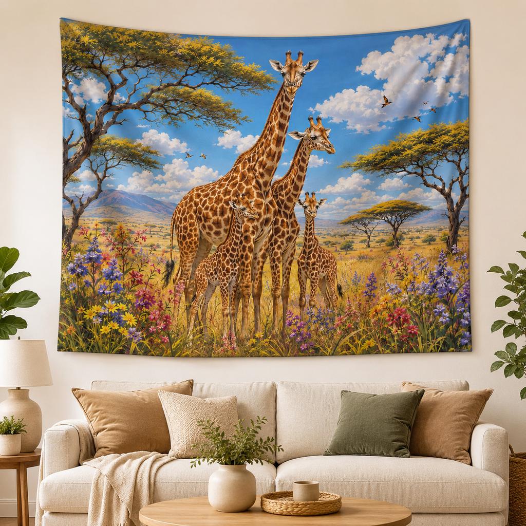 Giraffe Wandteppich Afrikanische Savannenlandschaft Großer Stoff Wandbehang Boho Heimzimmer Dekoration für Schlafzimmer Nachttisch